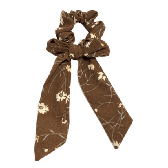 baubld Accessories - Brown w/White Flowers Scrunchie Hair Tie Bow Scarf